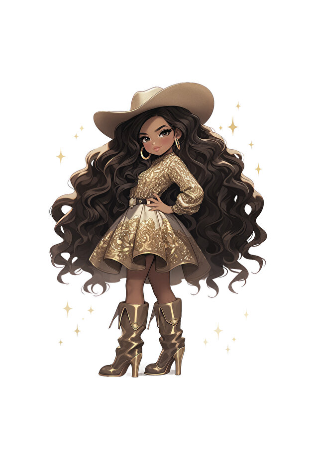 Cowgirl in Short Dress with Gold Pattern Wall Sticker