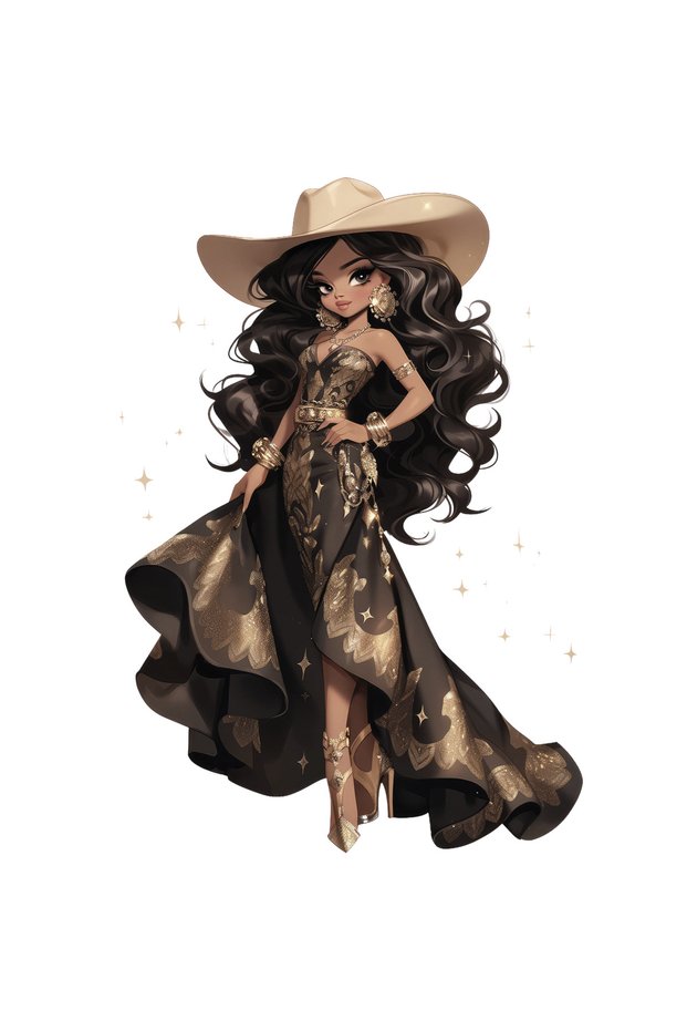 Elegant Cowgirl in Black and Gold Long Dress Wall Sticker