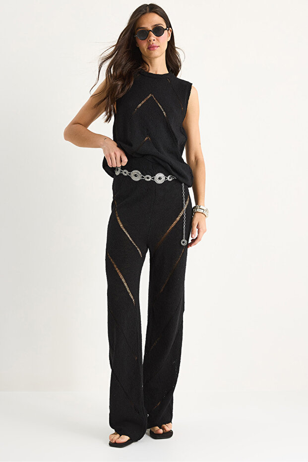 Women's Black Thick Strap Blouse with Loose Pants Slim Summer Knitwear Bottom-Top Set 20251013