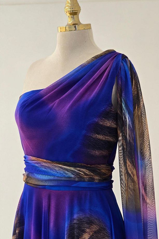 Saks Mavi Tek Omuz Desenli Abiye 7280 - 4
