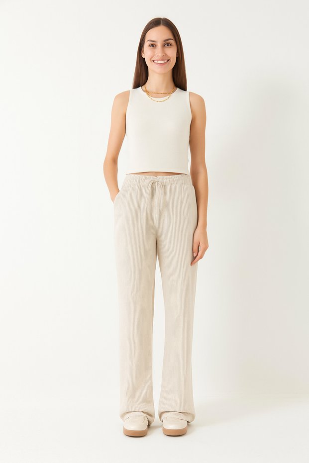 Butter Yellow/Yellow Elastic Waist Striped Stretchy Women's Trousers