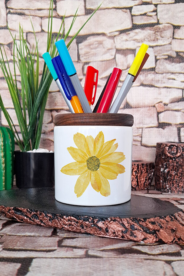Yellow Flower Printed Ceramic Pen Holder Desktop Organizer