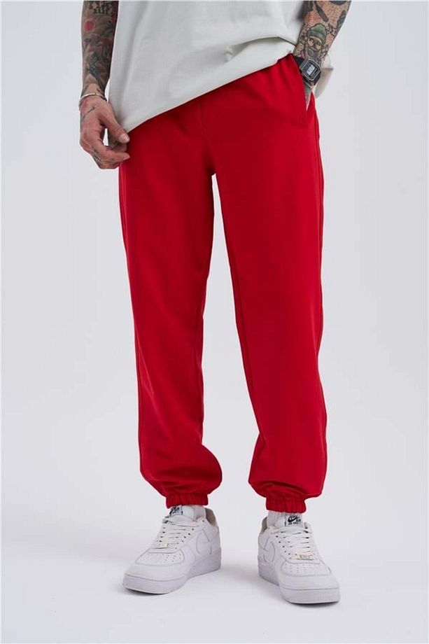Oversize Basic Bel Paça Lastikli 3 Cepli Jogger Eşofman Altı RED - 2