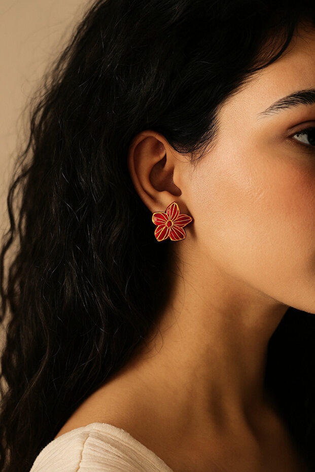 Rosso– Handmade Red Flower Design Polymer Clay Earrings | Special Design with Gold Detail