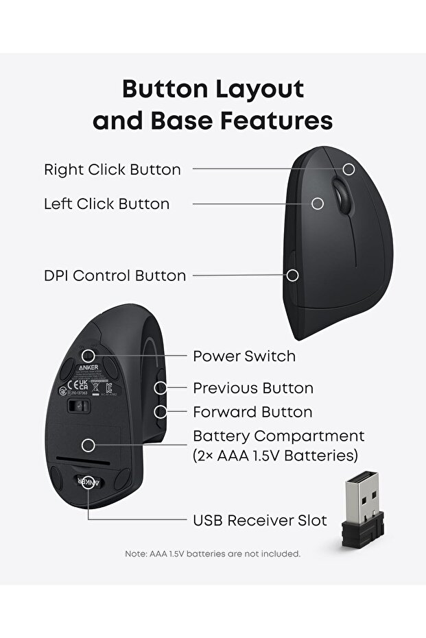 Wireless Vertical Mouse for Computers, Black - 7