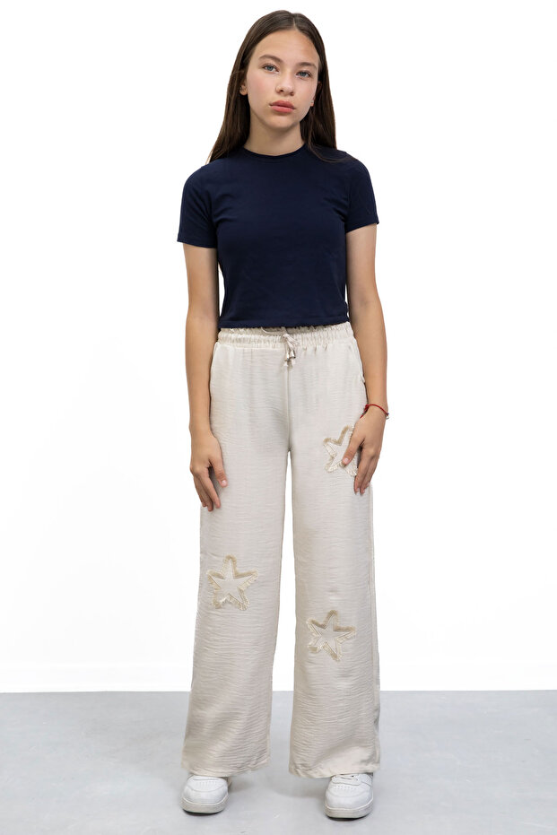 Cream Star Embroidered Wide Leg Comfortable Fabric Girls' Trousers 21147