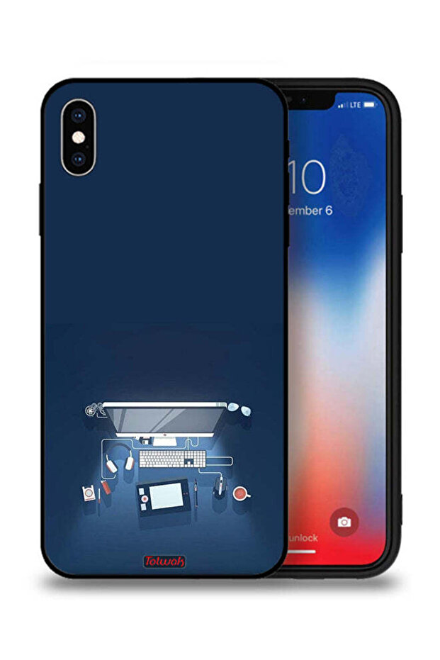 غطاء حماية لجهاز Apple iPhone XS بتصميم فني على شكل مكتب كمبيوتر