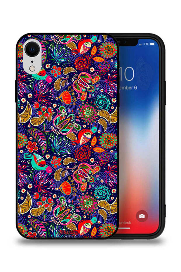 جراب حماية لجهاز Apple iPhone XR بنمط أوراق طيور ملونة وزهور