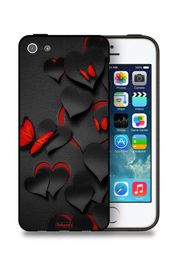 غطاء حماية لجهاز Apple iPhone 5/5s/SE بنقشة قلوب وفراشات