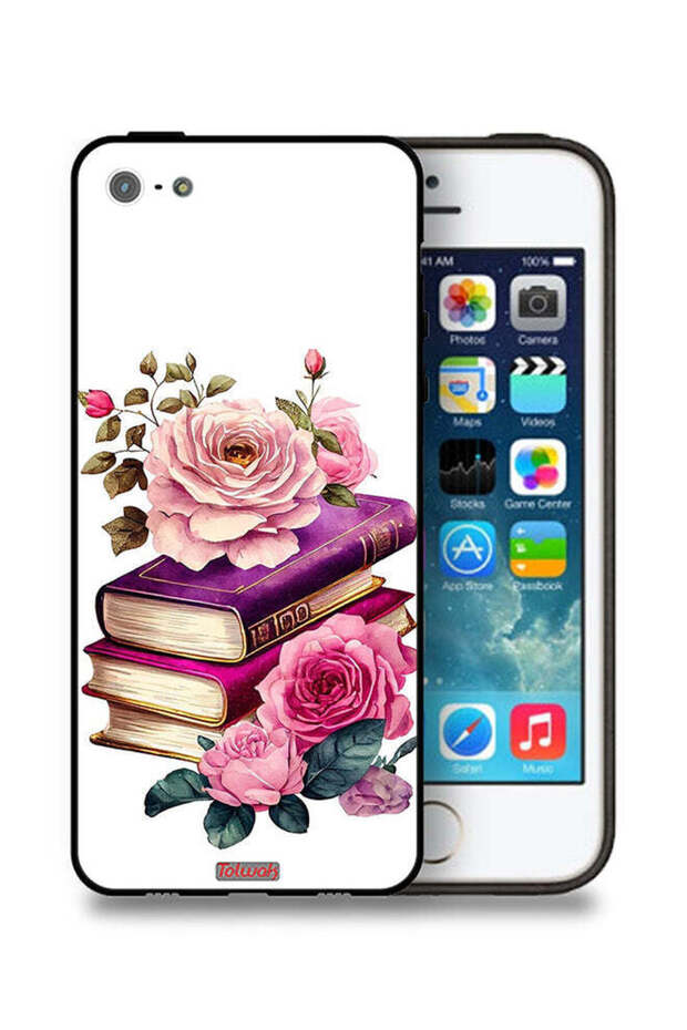 غطاء حماية لجهاز Apple iPhone 5/5s/SE بنقشة الورود والكتب