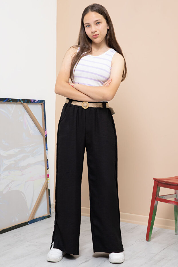 Black Button Detailed Wide Leg Girl's Belted Trousers 21151