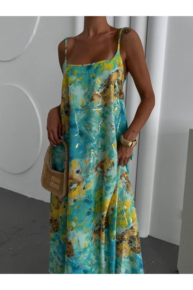 Sequin Printed Thin Strap Maxi Dress-Xl - Green
