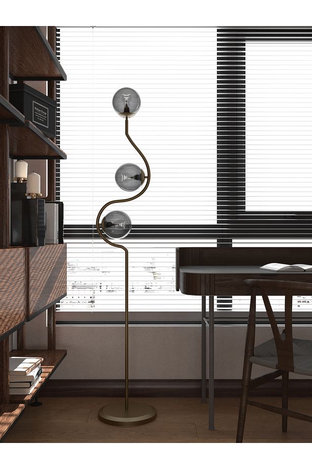 Perla 3'lü Siyah Cam Küre Lambader - Kıvrımlı Eskitme Gövdeli Modern Yer Lambası - 1