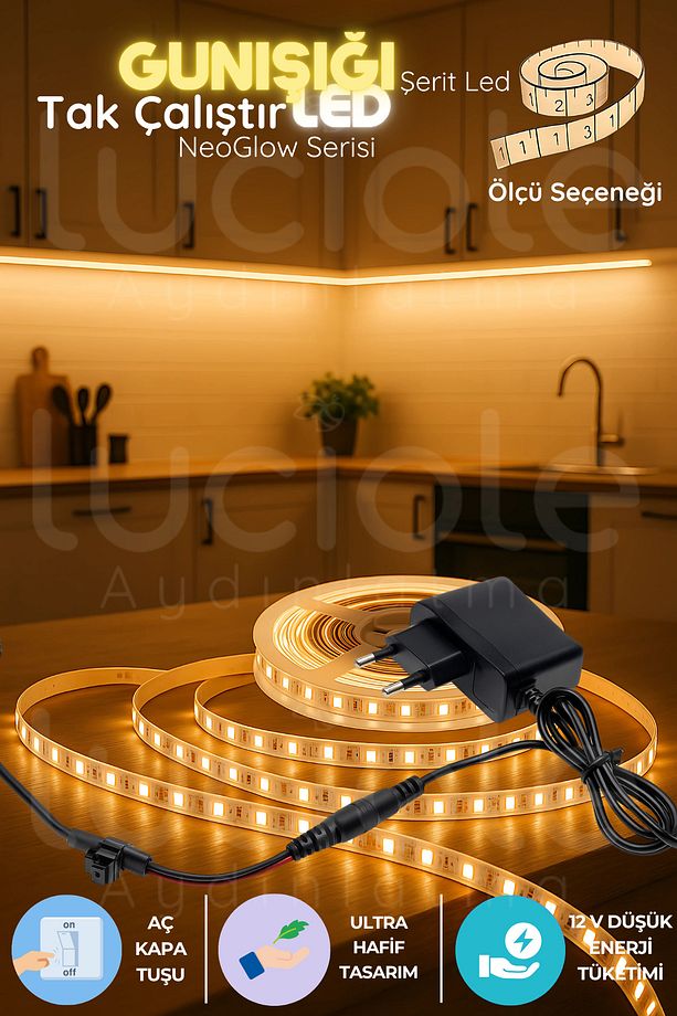 2 Metre NeoGlow Serisi LED Şerit Işık – 3200K Günışığı Renkli 60 Çipli 12V Prizli Tak Çalıştır Set - 1