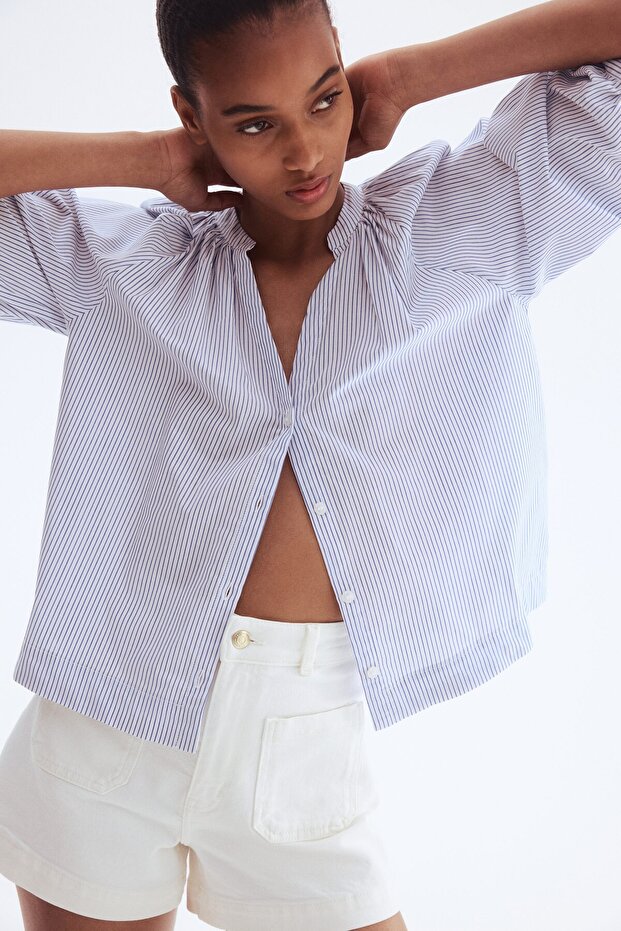 Balon Kollu Poplin Bluz - 2