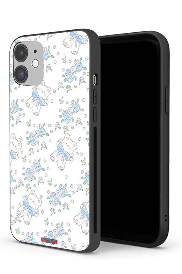 جراب حماية لجهاز Apple iPhone 12 مع أيقونة دب تيدي لطيف وزهور