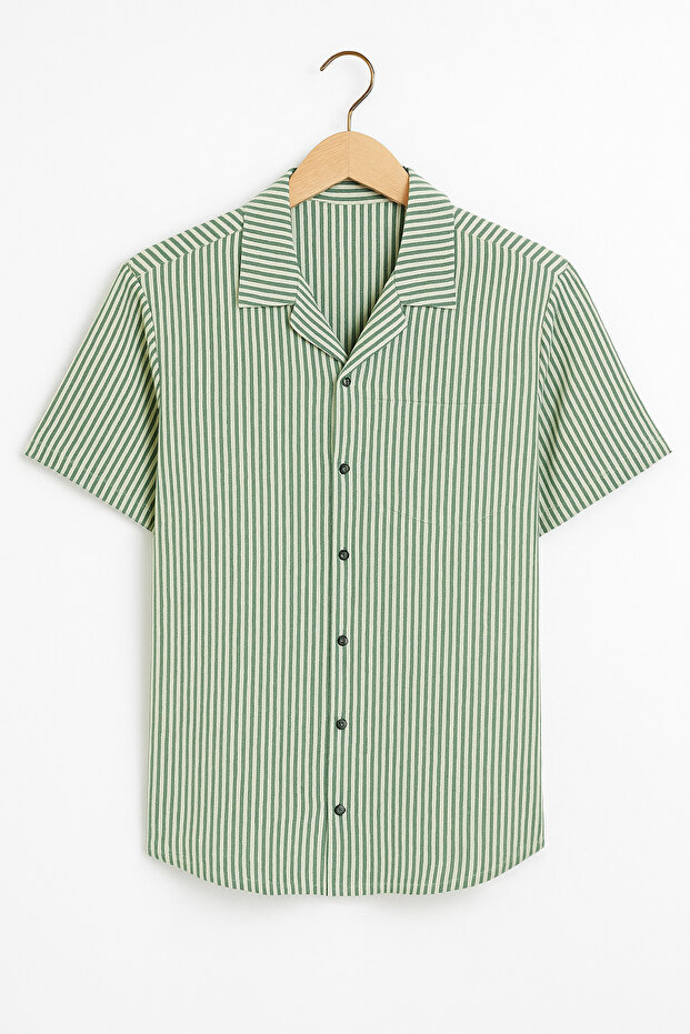 Men's Green-White Striped Short Sleeve Summer Shirt – Comfortable Flowing Cool Fabric