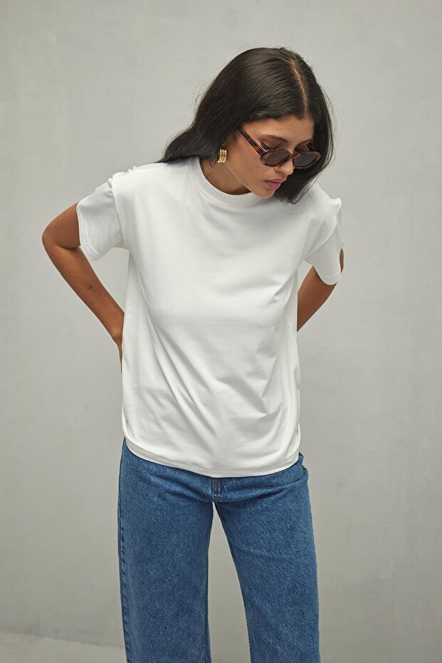 Basic Modal Dokuma Tişört Beyaz - 4
