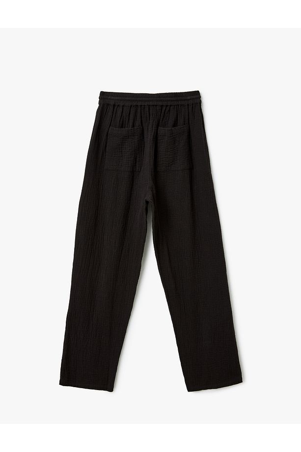 Pamuklu Rahat Kalıp Beli Bağcıklı Cepli Müslin Pantolon - 4