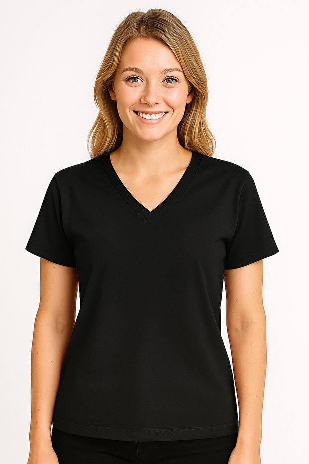 100% Cotton Women's Combed Modal Overlay V-Neck Slit Detailed T-Shirt