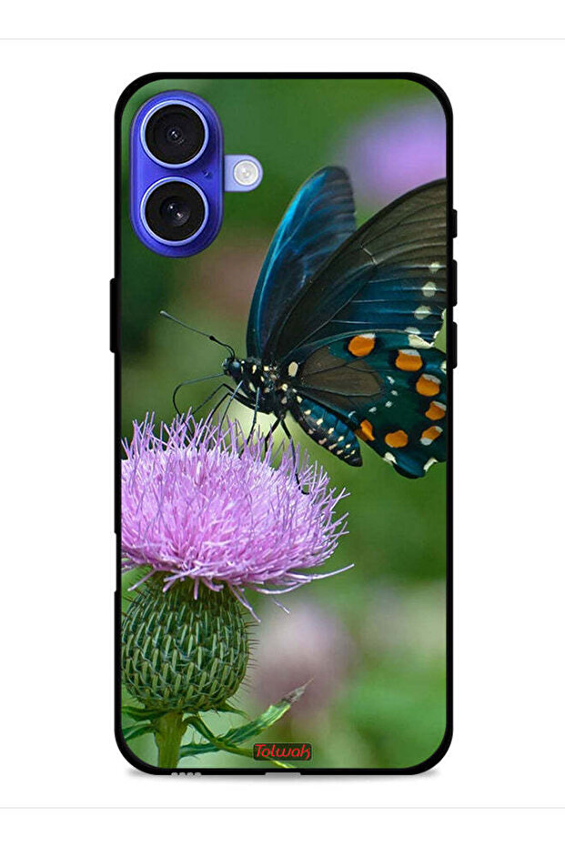 غطاء حماية لجهاز Apple iPhone 16 Plus بتصميم فراشة جالسة على زهرة
