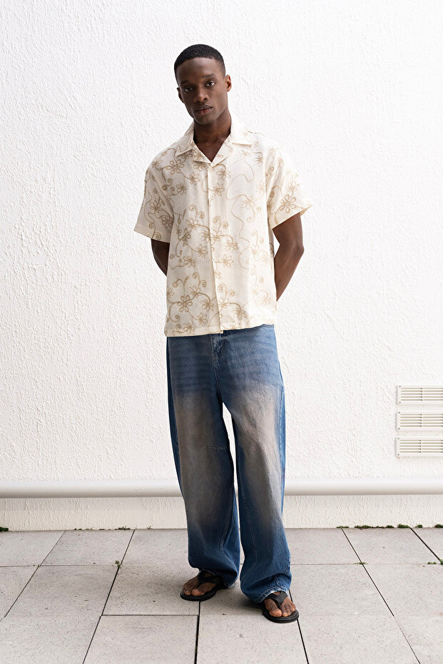 Short Sleeve Beige Shirt with Embroidery Detail