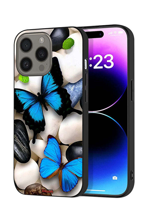 غطاء حماية لجهاز Apple iPhone 15 Pro بنقشة فراشات على أحجار