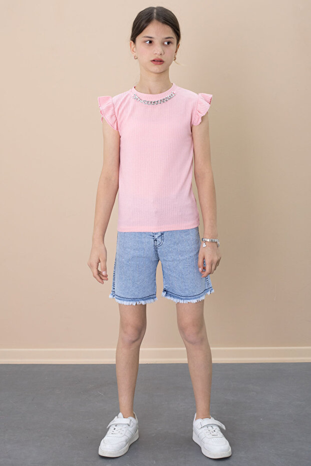 Sequined Jean Shorts Salmon Necklace Detailed Badi Girl's 2-Piece Set 21111
