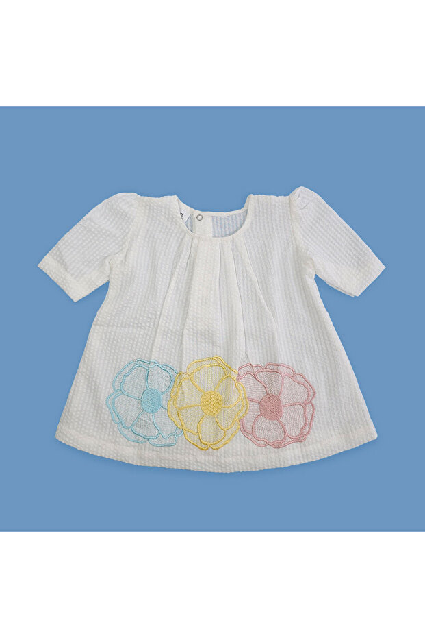 Organic Cotton Textured Puff 3/4 Sleeve Flowers Embroidered White Girls Dress