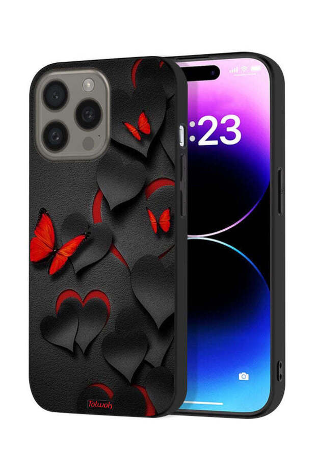 غطاء حماية لجهاز Apple iPhone 15 Pro Max بنقشة قلوب وفراشات