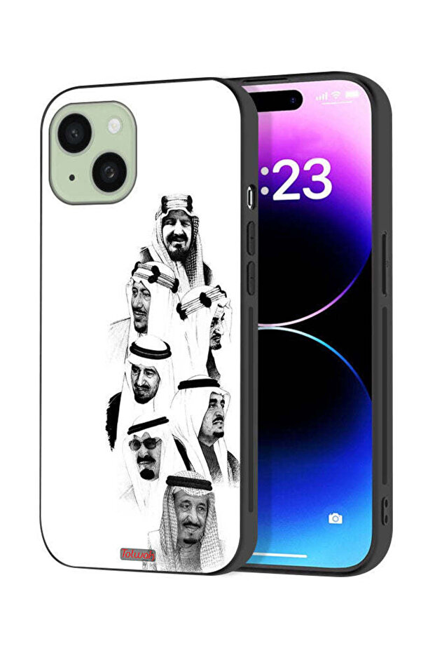 غطاء حماية لجهاز آيفون 15 بلس من آبل، رسم ملوك السعودية، أبيض وأسود