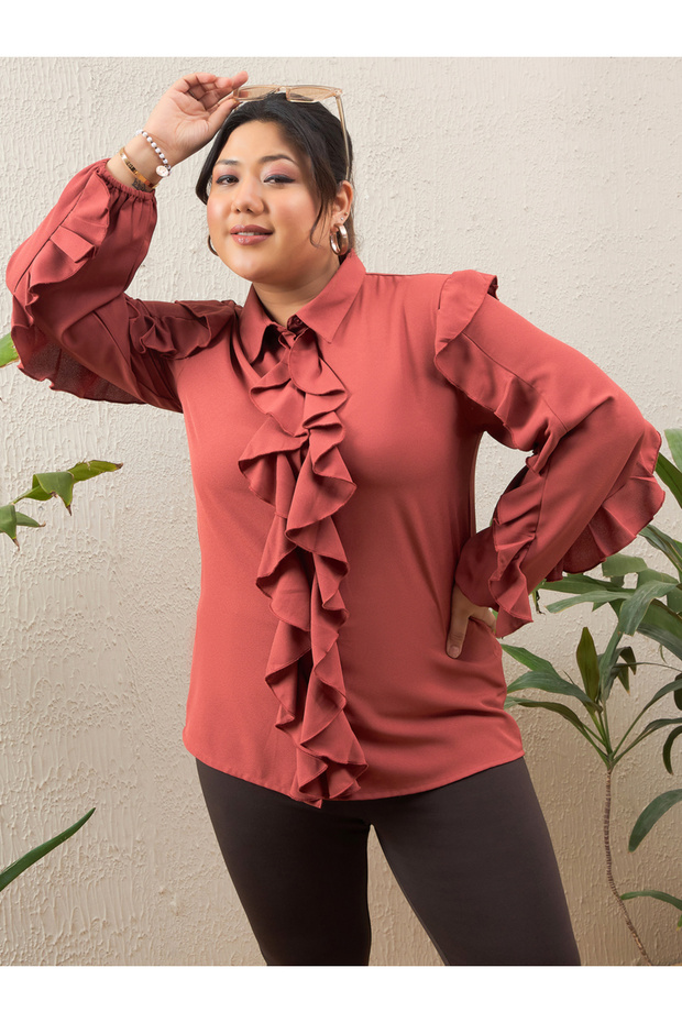 Plus Size Rust Solid Ruffled Long Sleeve Regular Fit Shirt