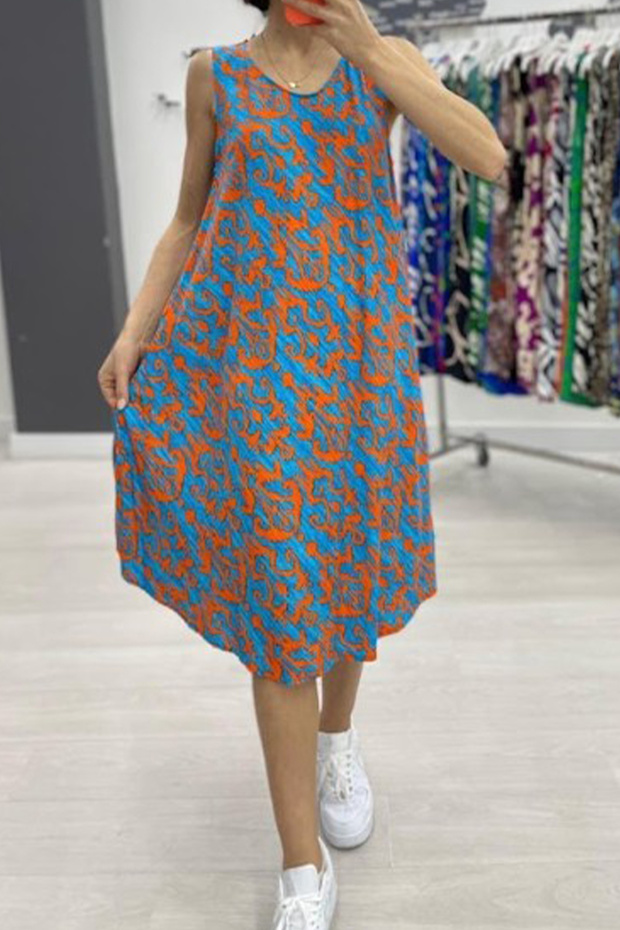 Women's Turquoise Print Sleeveless Midi Dress