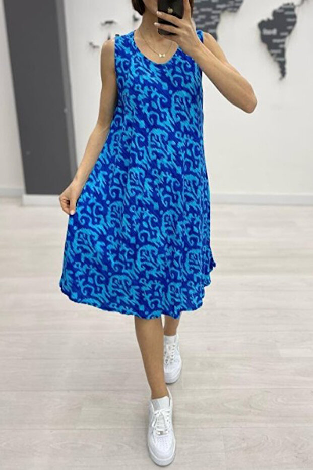 Women's Blue Patterned Sleeveless Midi Dress