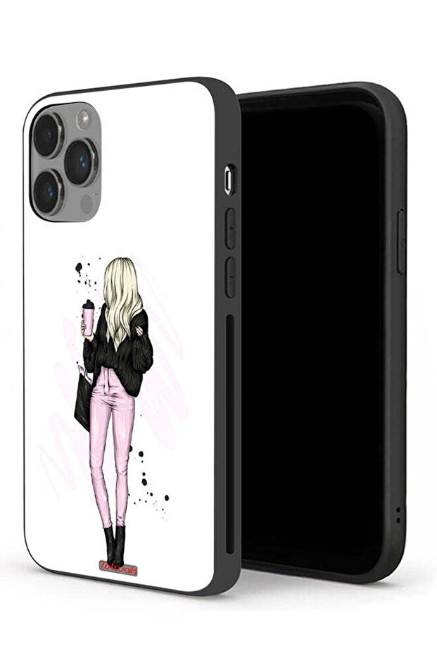 جراب حماية لجهاز Apple iPhone 14 Pro Max، رسم فتاة تحمل كوب قهوة