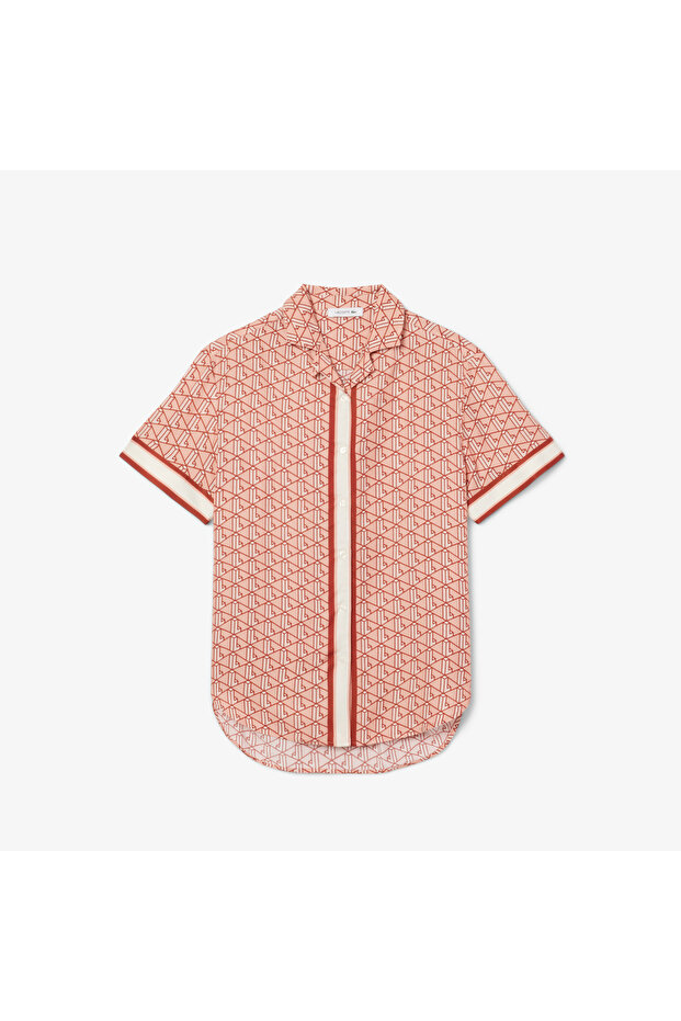 Kadın Oversize Fit Kısa Kollu Monogram Bej Gömlek - 4