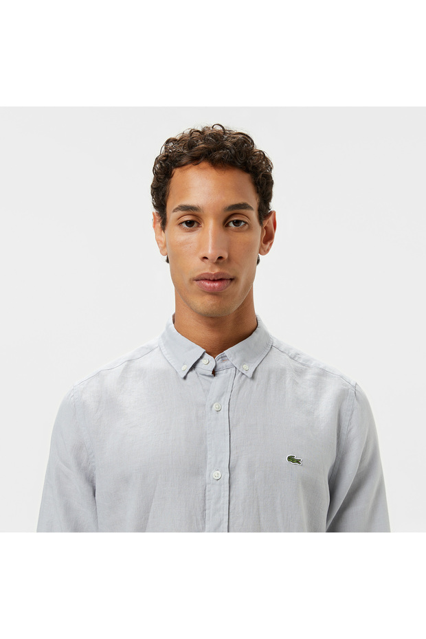 Erkek Regular Fit Düğmeli Yaka Keten Gri Gömlek - 2