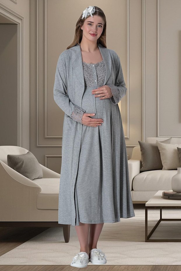 Women's Gray Lace Design Maternity Nightgown-Dressing Gown Set of 2