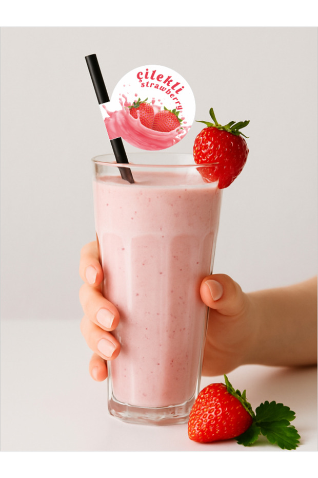 Çilekli Bayraklı Pipet 21,5 cm Siyah Pipet , 8mm Kalınlık , 20 Adet - 1