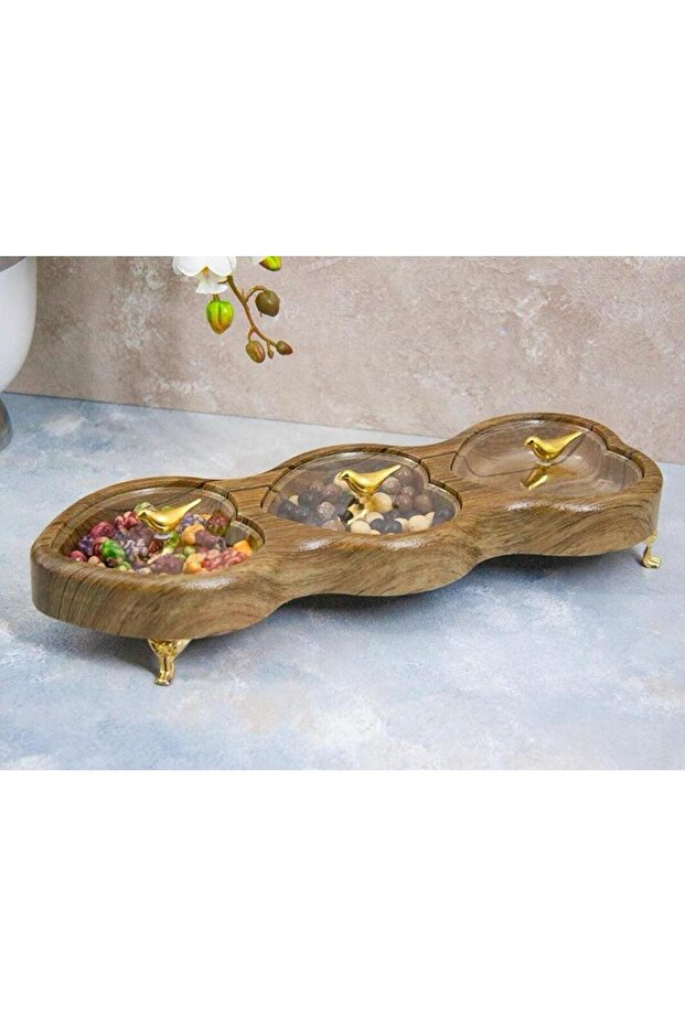 Heart Compartment Wooden Look Gold Bird Figured Lid 3 Compartment Presentation Bowl – 40 cm