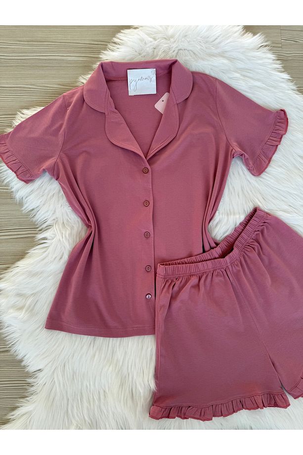 Gül Kurusu Pamuklu Kol ve Paça Fırfır Detaylı Kısa Kol Önden Düğmeli Şortlu Pijama Takımı - 7