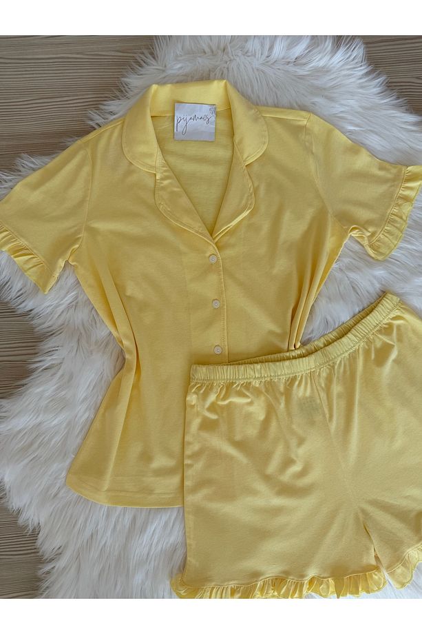Sarı Pamuklu Kol ve Paça Fırfır Detaylı Kısa Kol Önden Düğmeli Şortlu Pijama Takımı - 5