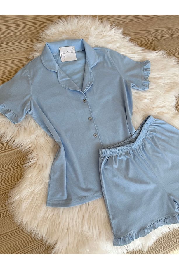 Bebe Mavisi Pamuklu Kol ve Paça Fırfır Detaylı Kısa Kol Önden Düğmeli Şortlu Pijama Takımı - 2