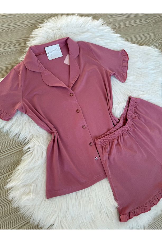 Gül Kurusu Pamuklu Kol ve Paça Fırfır Detaylı Kısa Kol Önden Düğmeli Şortlu Pijama Takımı - 2