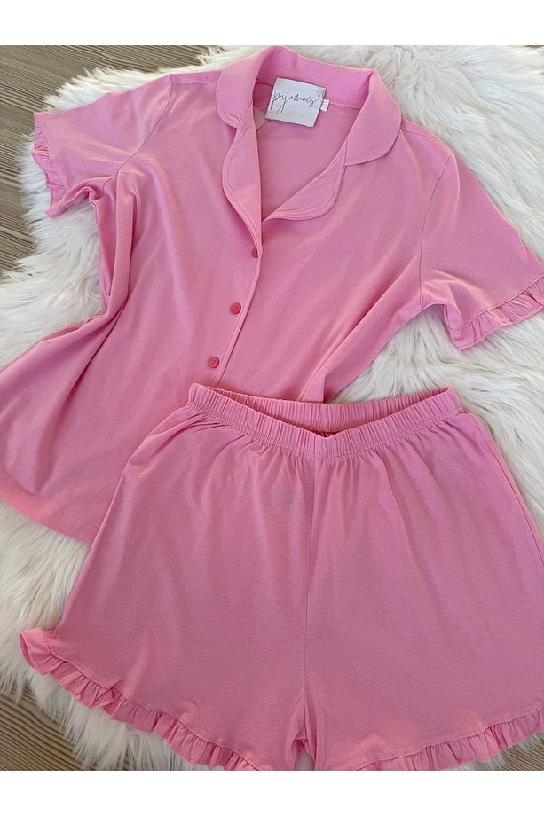 Şeker Pembe Pamuklu Kol ve Paça Fırfır Detaylı Kısa Kol Önden Düğmeli Şortlu Pijama Takımı - 4