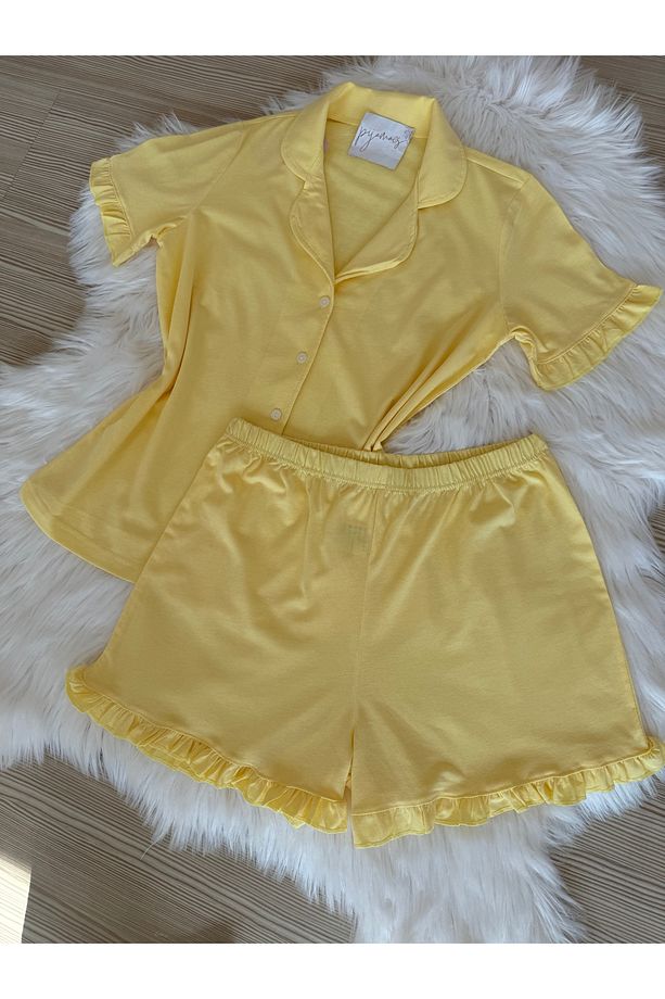 Sarı Pamuklu Kol ve Paça Fırfır Detaylı Kısa Kol Önden Düğmeli Şortlu Pijama Takımı - 3