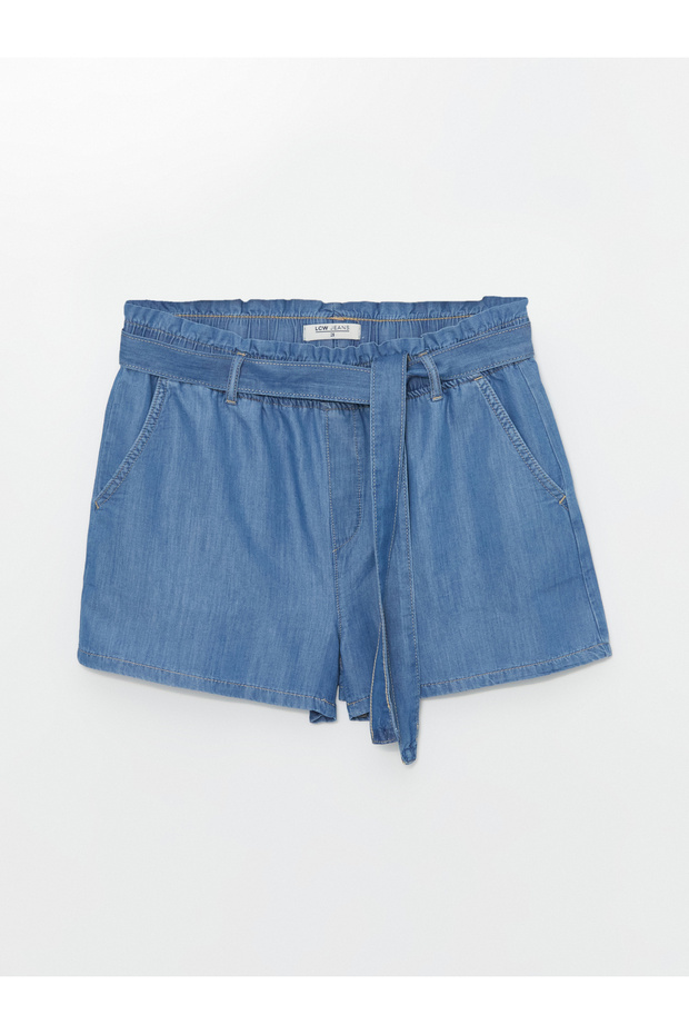 Kadın Beli Lastikli Düz Jean Şort - 5