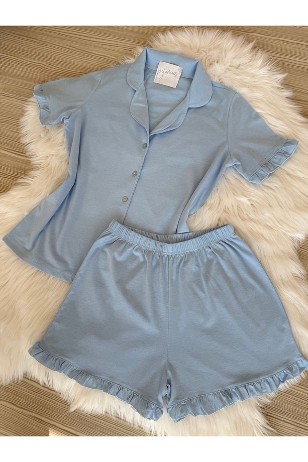 Bebe Mavisi Pamuklu Kol ve Paça Fırfır Detaylı Kısa Kol Önden Düğmeli Şortlu Pijama Takımı - 4
