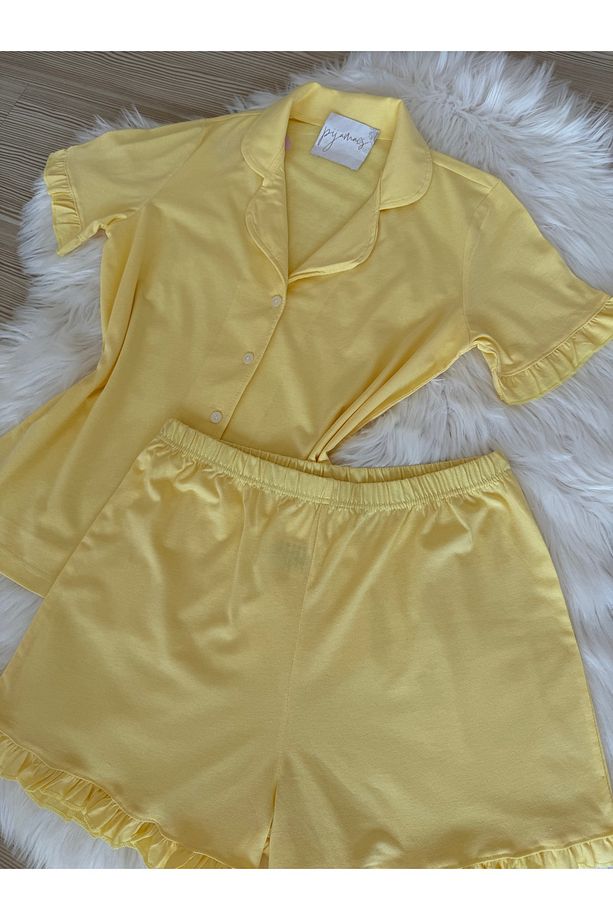 Sarı Pamuklu Kol ve Paça Fırfır Detaylı Kısa Kol Önden Düğmeli Şortlu Pijama Takımı - 4