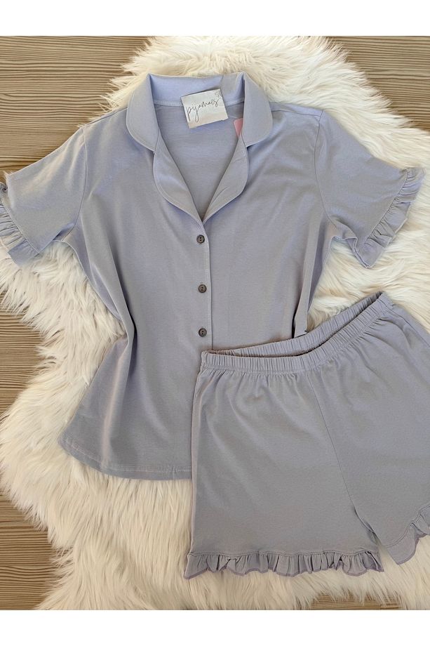 Açık Lila Pamuklu Kol ve Paça Fırfır Detaylı Kısa Kol Önden Düğmeli Şortlu Pijama Takımı - 5